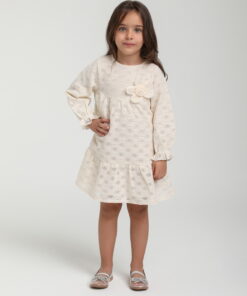 Kız Çocuk Ekru Çiçek Aplikeli Elbise