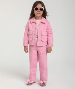 Kız Çocuk Pembe Detaylı Ceket ve Pantolon Takım