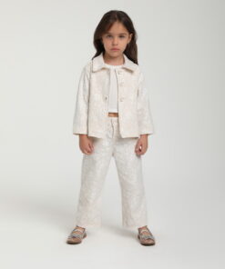 Kız Çocuk Ekru Desenli Ceket ve Pantolon Takım
