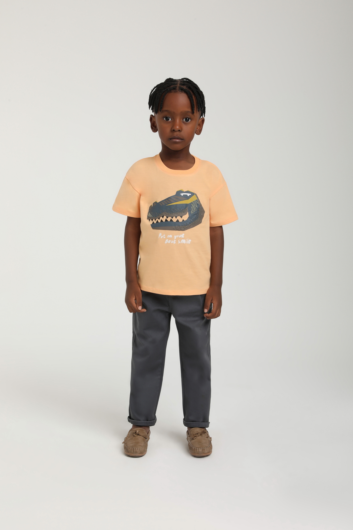 Unisex Çocuk Ekru Timsah Baskılı Tişört - Görsel 3