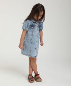 Kız Çocuk Mavi Yıkamalı Denim Elbise