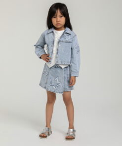 Kız Çocuk Mavi Jean Crop Ceket ve Şort Etek Takım