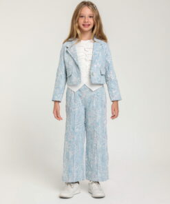 Kız Çocuk Mavi Desenli Ceket ve Pantolon Takım