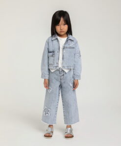 Kız Çocuk Açık Mavi Yıkamalı Yıldız Detaylı Ceket ve Pantolon Takım