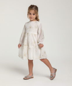 Kız Çocuk Ekru Çiçek Desenli Elbise