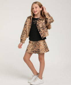 Kız Çocuk Leopar Desenli Ceket ve Şort Etek Takım