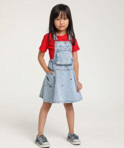 Kız Çocuk Mavi Desenli Salopet Elbise