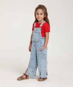 Kız Çocuk Mavi Desenli Salopet Pantolon