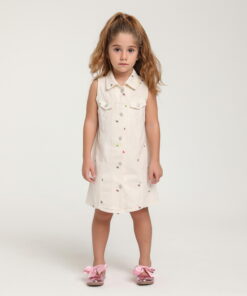 Kız Çocuk Ekru Desenli Kolsuz Elbise