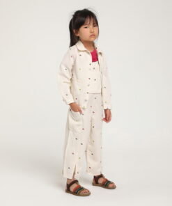Kız Çocuk Ekru Desenli Ceket ve Salopet Takım