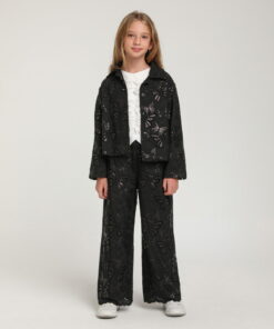 Kız Çocuk Siyah Kelebek Desenli Ceket ve Pantolon Takım