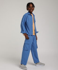 Erkek Çocuk Mavi Cepli Kargo Ceket ve Kargo Pantolon Takım