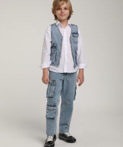 Erkek Çocuk Mavi Yıkamalı Cepli Kot Yelek ve Kargo Pantolon Takım