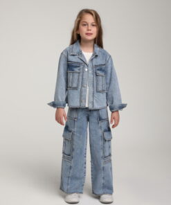 Kız Çocuk Mavi Yıkamalı Kot Ceket ve Pantolon Takım