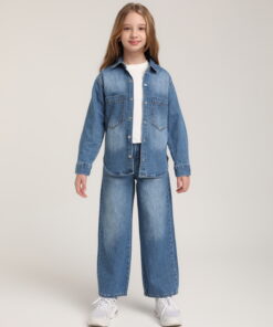 Kız Çocuk Yıkamalı Kot Ceket ve Pantolon Takım