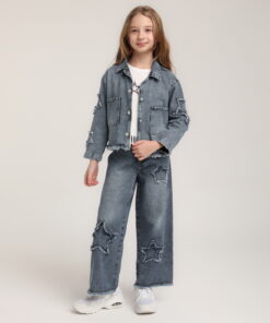 Kız Çocuk Yıkamalı Yıldız Detaylı Kot Ceket ve Pantolon Takım