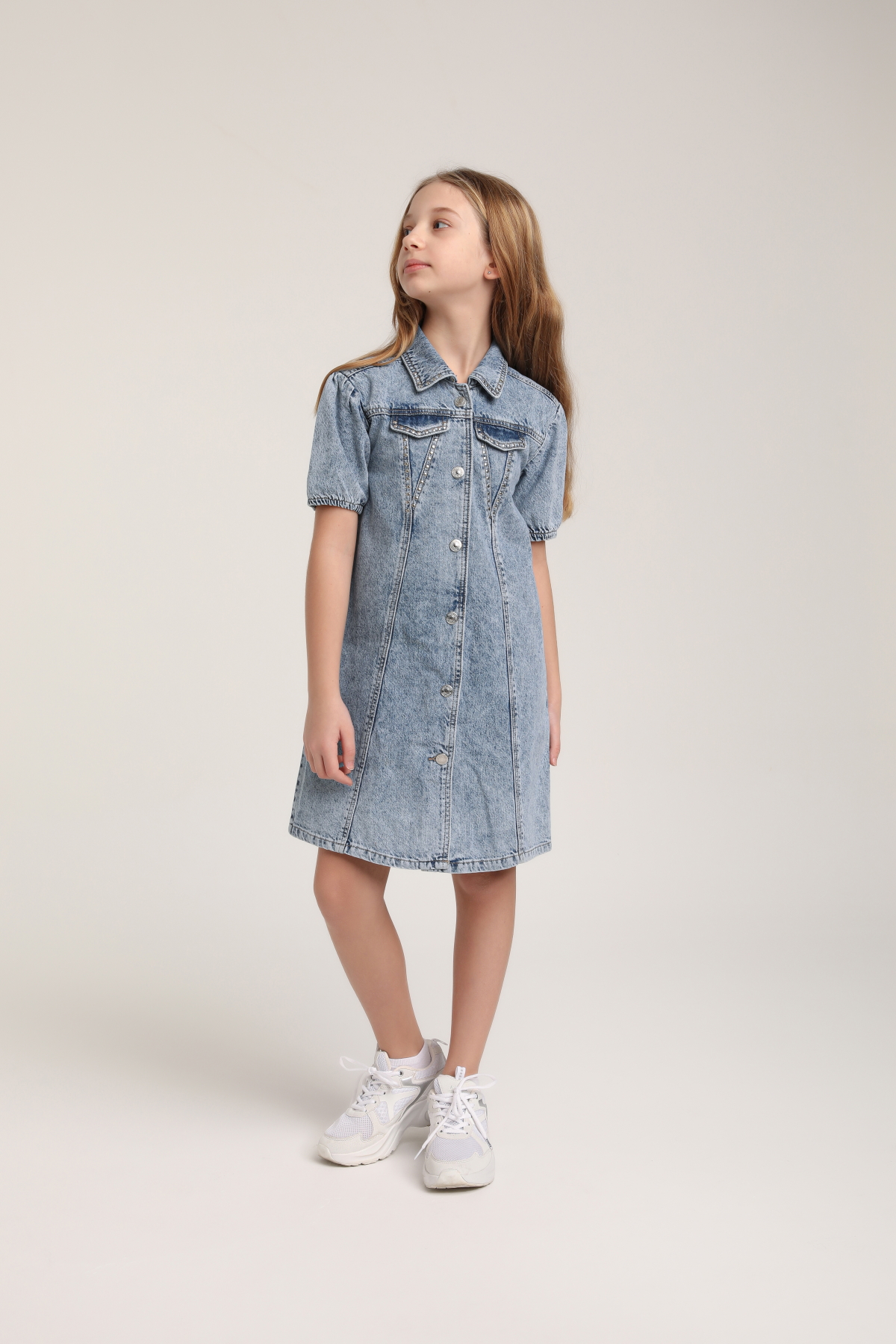 Kız Çocuk Mavi Yıkamalı Kısa Kollu Kot Elbise