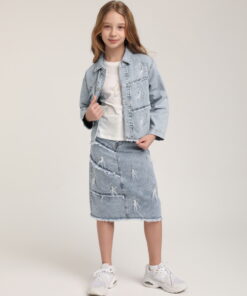 Kız Çocuk Mavi Yıkamalı Kot Ceket ve Etek Takım