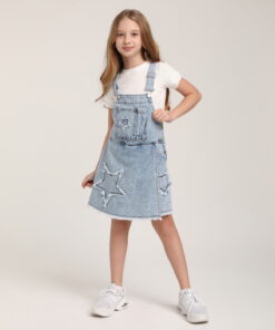Kız Çocuk Mavi Yıkamalı Kot Salopet Elbise