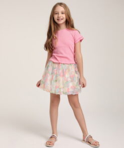 Kız Çocuk Pembe Fitilli T-shirt ve Çiçek Desenli Tül Etek Takım