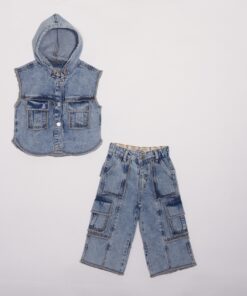 Kız Çocuk Mavi Kapüşonlu Yelek ve Kargo Pantolon Takım