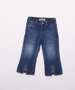 Kız Bebek Mavi Paçası Taş Detaylı İspanyol Paça Jean Pantolon