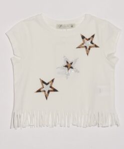 Kız Çocuk Ekru Yıldız Aplike Püsküllü T-shirt