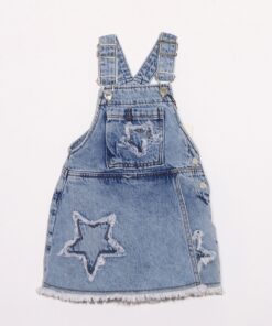 Kız Çocuk Mavi Yıkamalı Yıldız Detaylı Salopet Elbise