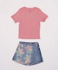 Kız Çocuk Pembe Fitilli Tişört ve Çiçek Desenli Denim Etek Takım