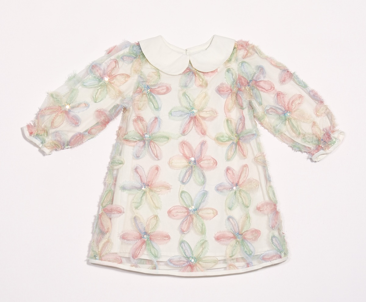 Kız Bebek Ekru Çiçek Desenli Tül Elbise
