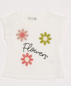 Kız Çocuk Ekru Çiçek Baskılı T-shirt