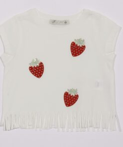 Kız Çocuk Ekru Çilek Aplike Püsküllü T-shirt