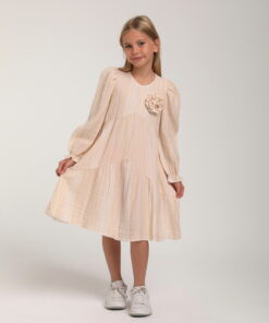 Kız Çocuk Krem Çiçek Detaylı Elbise