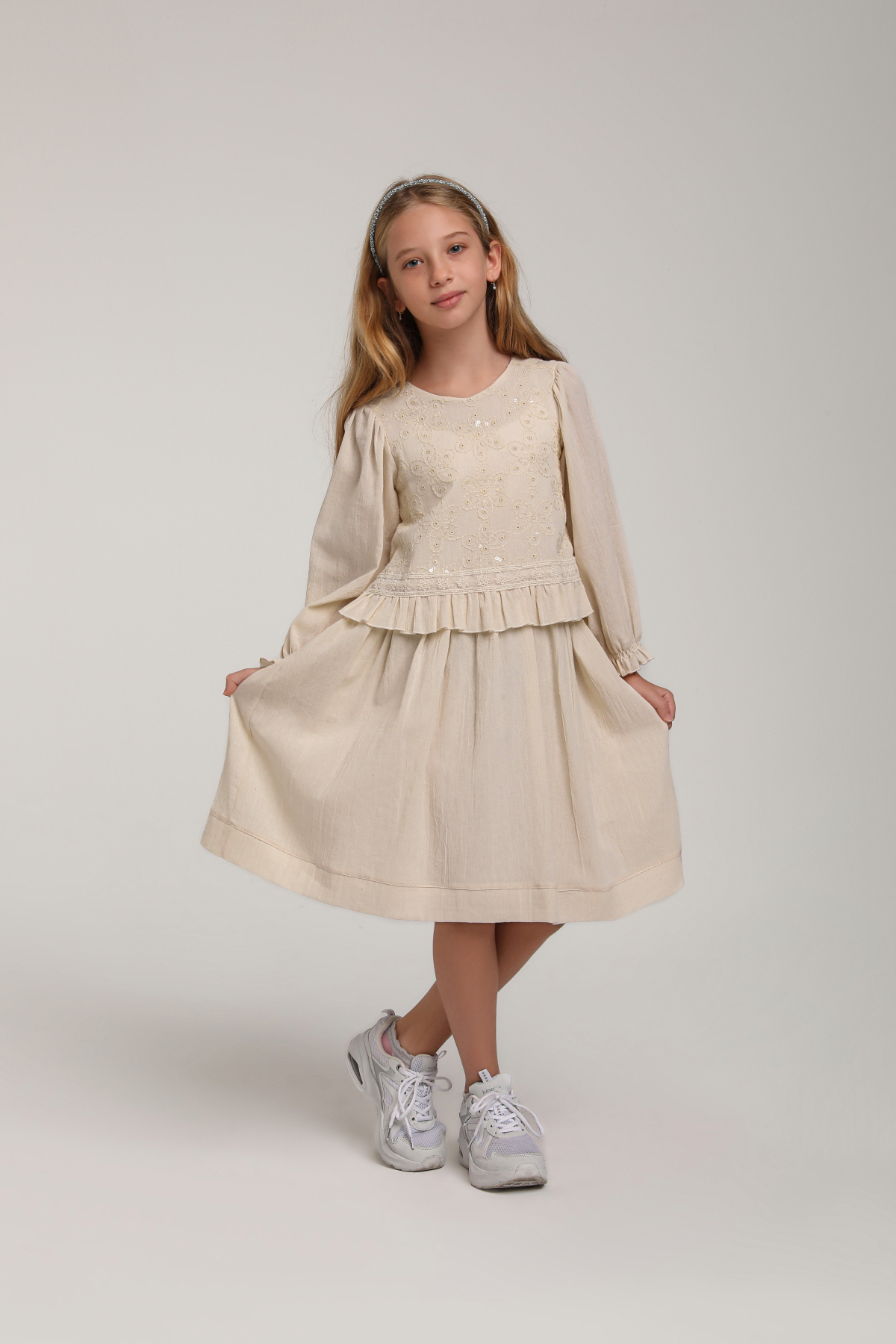 Kız Çocuk Krem Detaylı Elbise