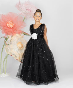 Kız Çocuk Siyah İnci Detaylı Çiçekli Tül Abiye Elbise
