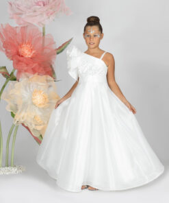 Kız Çocuk Beyaz Tek Omuz Taş Detaylı Tül Abiye Elbise