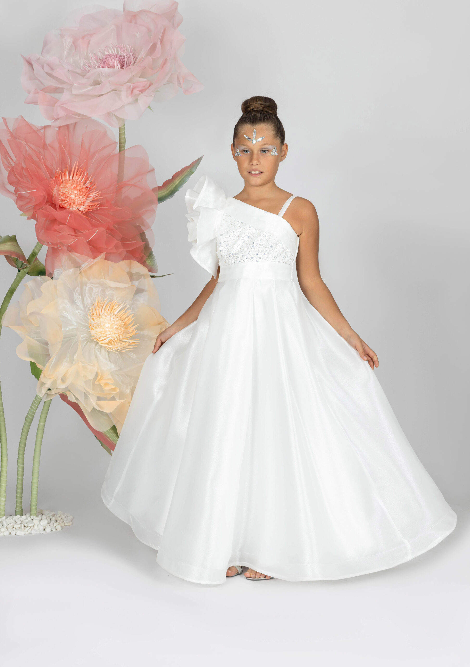 Kız Çocuk Beyaz Tek Omuz Taş Detaylı Tül Abiye Elbise