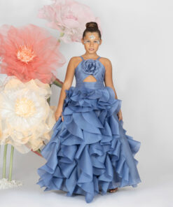 Kız Çocuk Mavi Çiçek Detaylı Tül Abiye Elbise