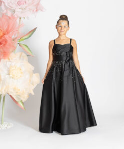 Kız Çocuk Siyah Taş Detaylı Fiyonk Saten Abiye Elbise