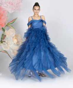 Kız Çocuk Mavi Omuz Açıkta Tül Abiye Elbise