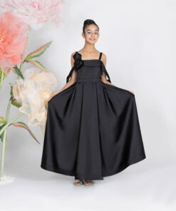 Kız Çocuk Siyah Çiçek Detaylı Saten Abiye Elbise