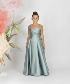 Kız Çocuk Yeşil Fiyonk Detaylı Saten Abiye Elbise