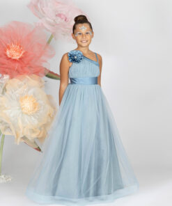 Kız Çocuk Mavi Çiçek Detaylı Tek Omuz Tül Abiye Elbise