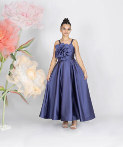 Kız Çocuk Mavi Çiçek Detaylı Saten Abiye Elbise