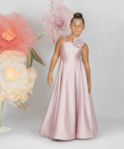 Kız Çocuk Pembe Çiçek Detaylı Tek Omuz Saten Abiye Elbise