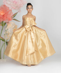 Kız Çocuk Altın Fiyonk Detaylı Saten Abiye Elbise