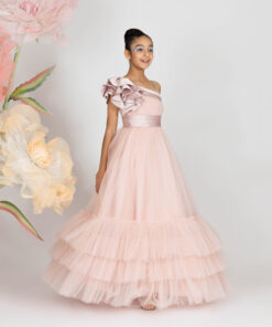 Kız Çocuk Pembe Tek Omuz Tül Abiye Elbise