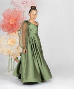 Kız Çocuk Zeytin Yeşili Tek Omuz Tül Kollu Saten Abiye Elbise