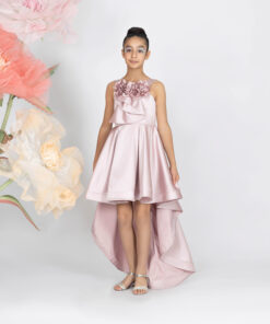 Kız Çocuk Pembe Çiçek Detaylı Asimetrik Saten Abiye Elbise