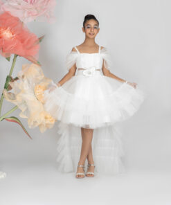 Kız Çocuk Beyaz Çiçek Detaylı Asimetrik Tül Abiye Elbise ve Eldiven Seti